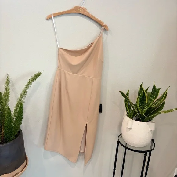 Lulus | Happiest Hour Beige Asymmetrical Bodycon Midi Dress | Size Medium - Picture 3 of 5